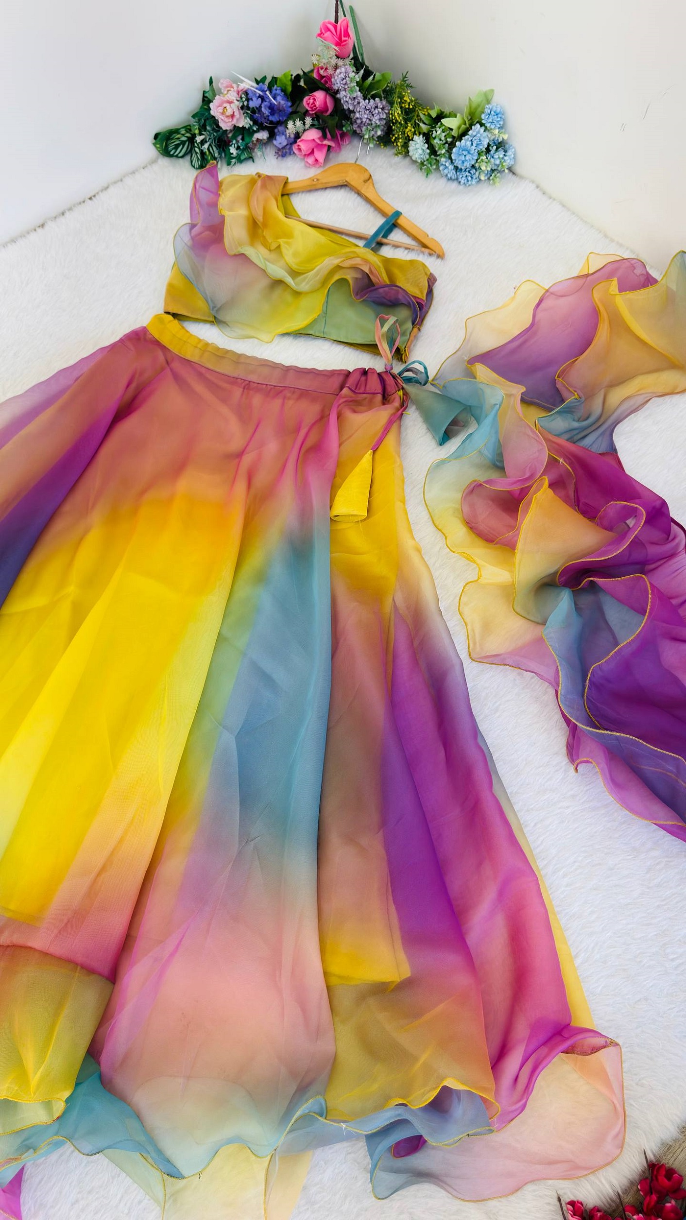 Rainbow color Lehenga with Stylish Blouse for Wedding