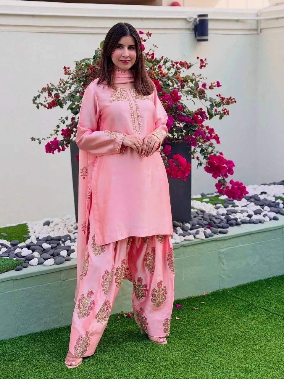 Baby Pink Farsi Salwar Suit with Multi Color Embroidery