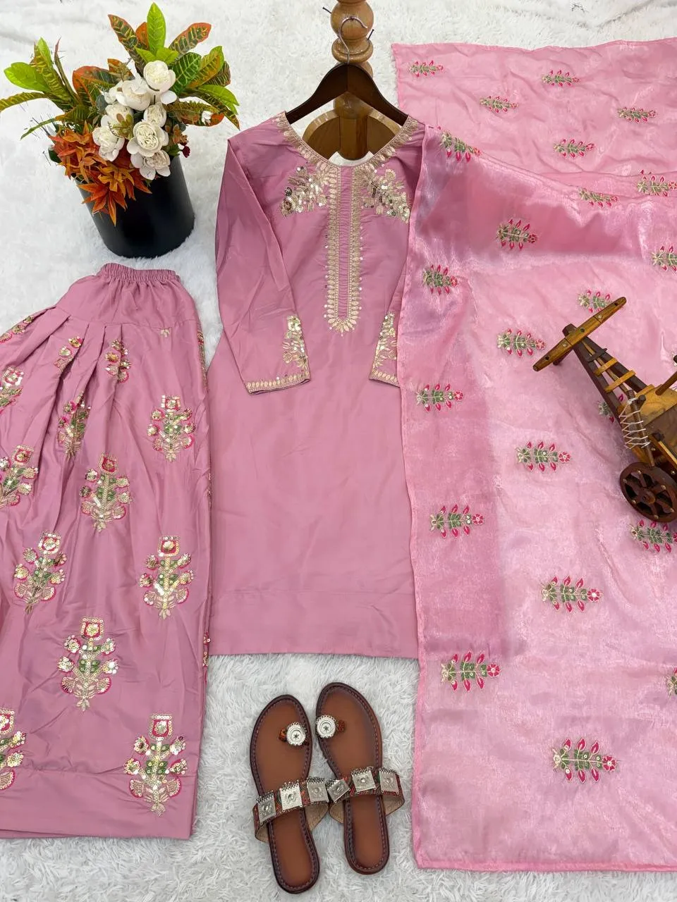 Baby Pink Farsi Salwar Suit with Multi Color Embroidery
