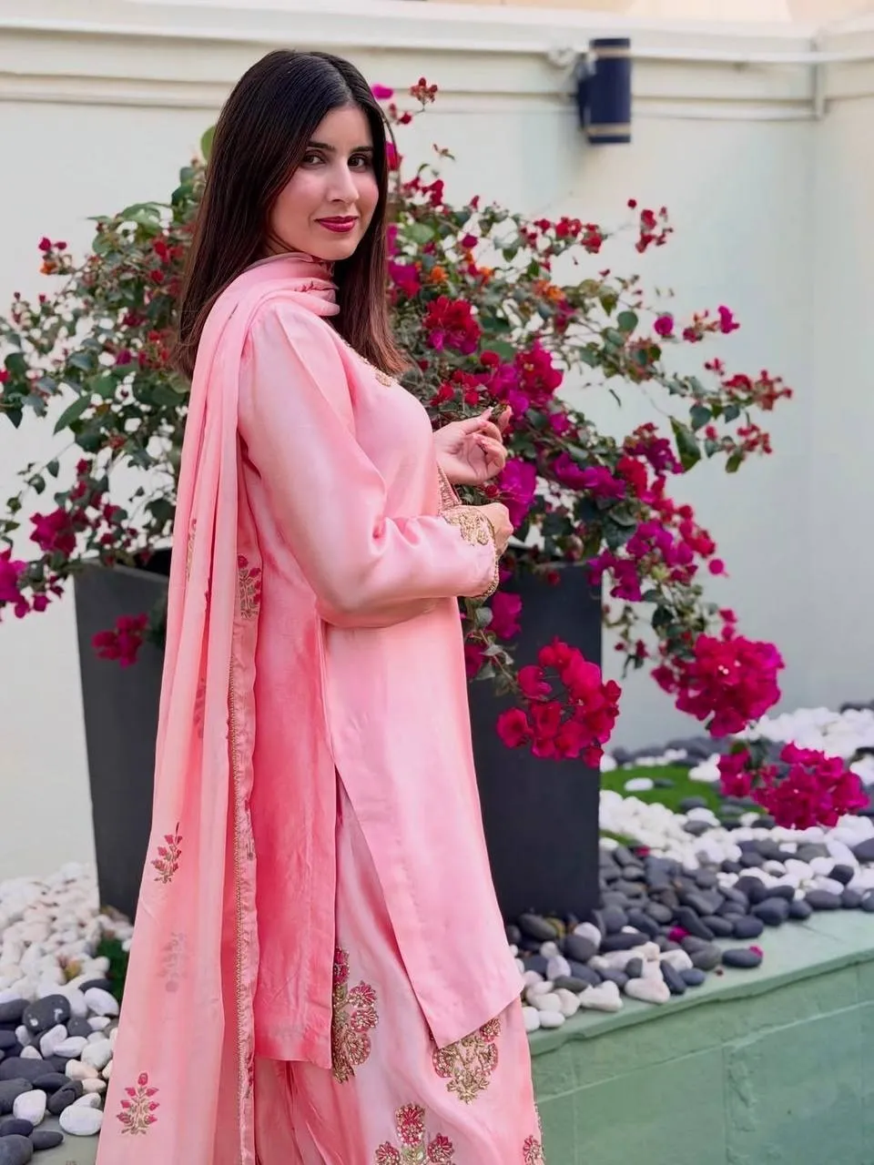 Baby Pink Farsi Salwar Suit with Multi Color Embroidery