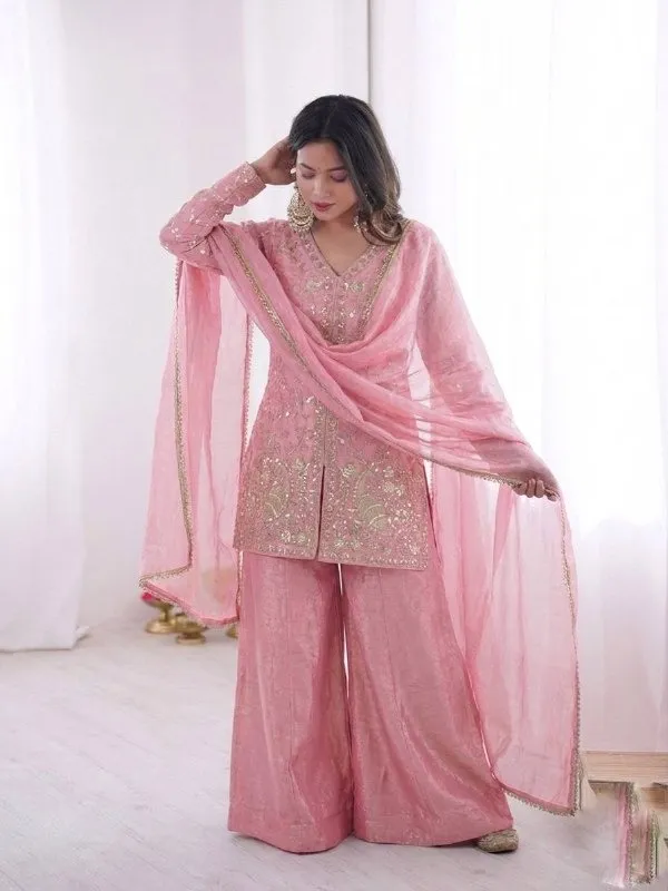Baby Pink Peacock Embroidery Plazzo Salwar Suit for Wedding