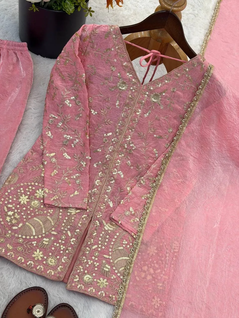 Baby Pink Peacock Embroidery Plazzo Salwar Suit for Wedding