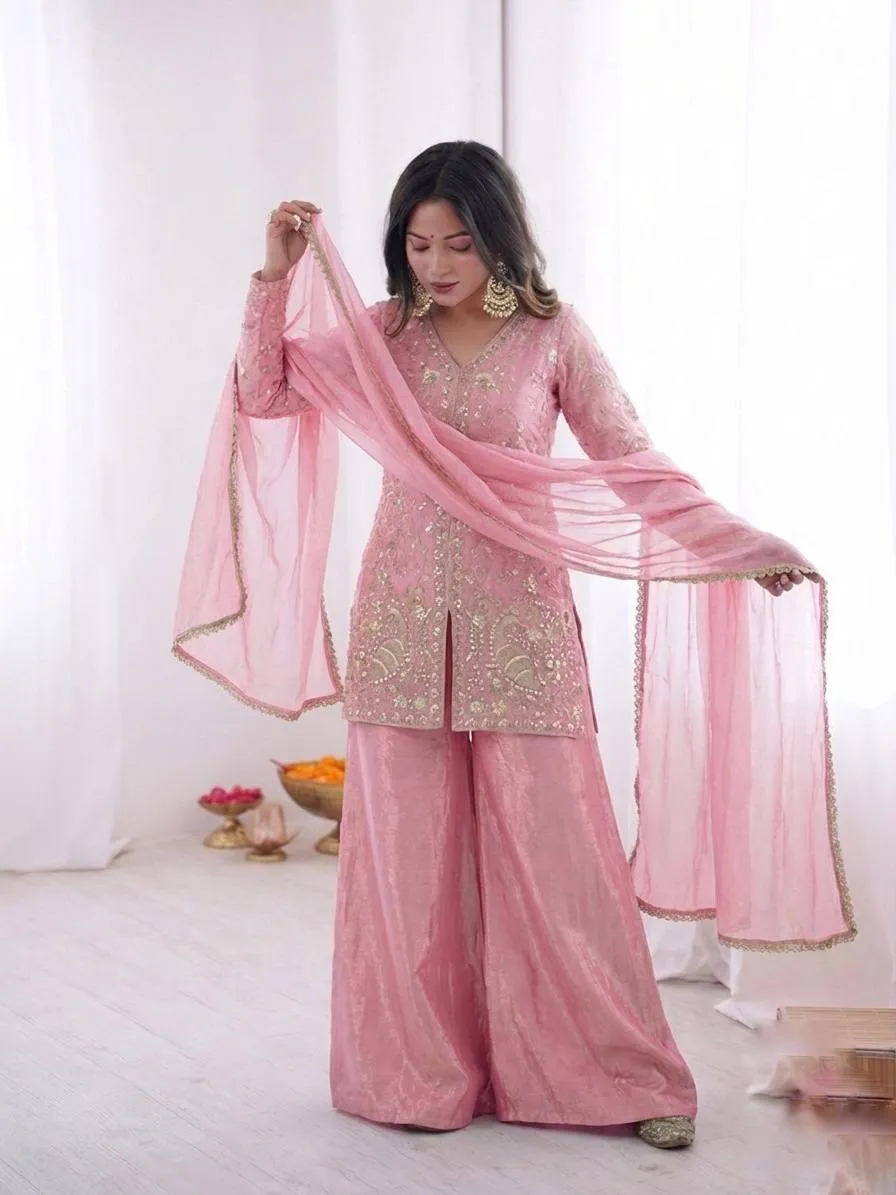 Baby Pink Peacock Embroidery Plazzo Salwar Suit for Wedding
