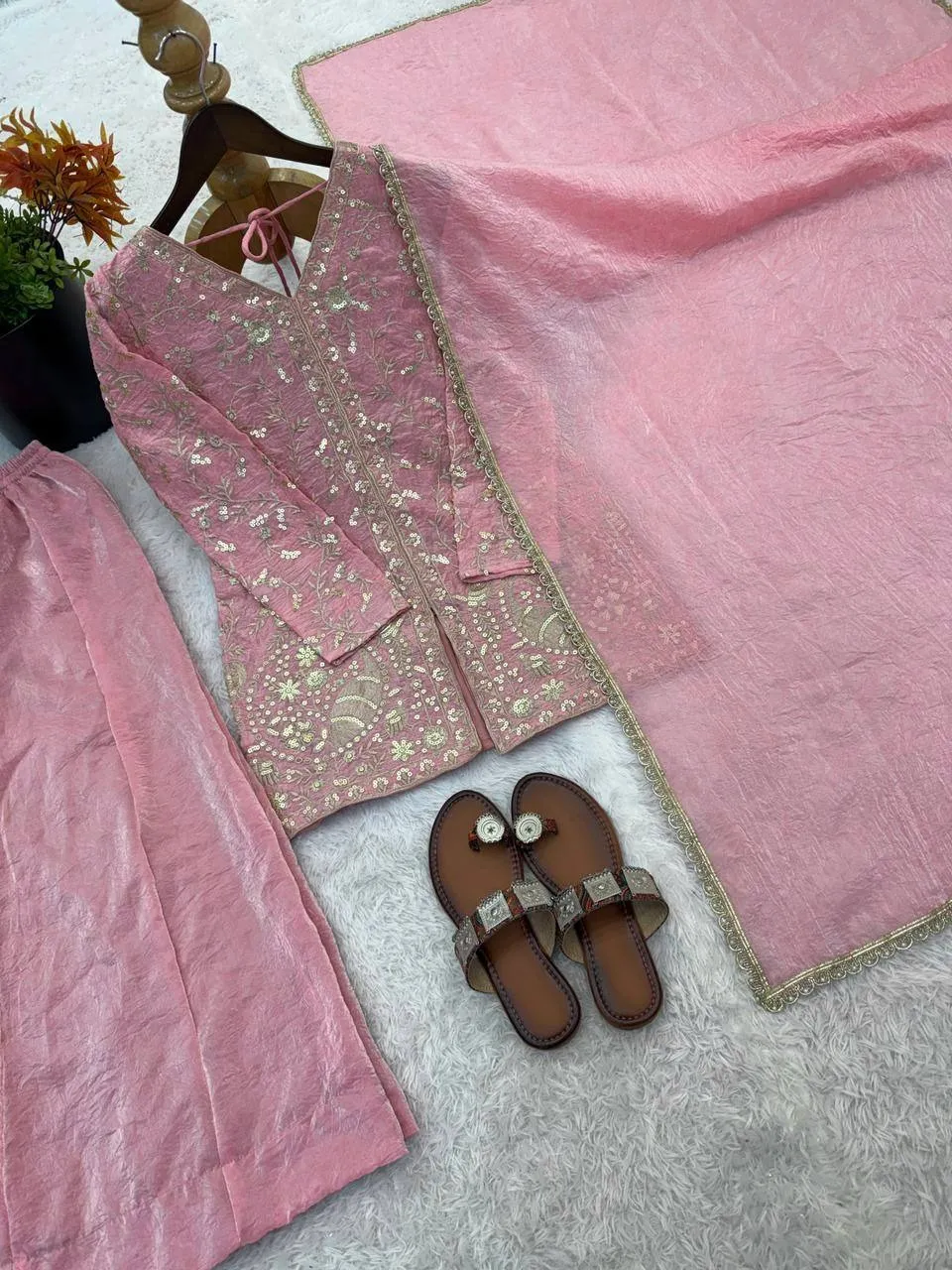 Baby Pink Peacock Embroidery Plazzo Salwar Suit for Wedding