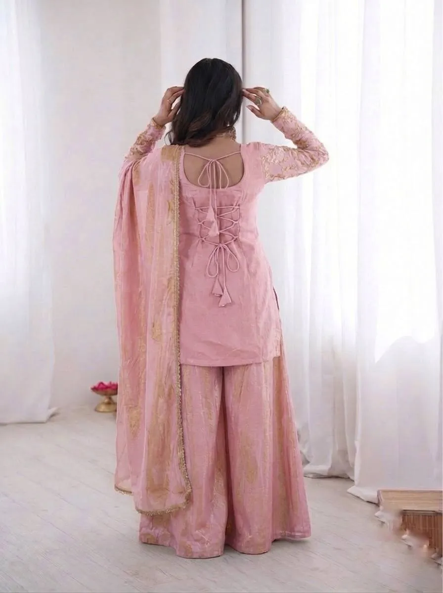 Baby Pink Peacock Embroidery Plazzo Salwar Suit for Wedding