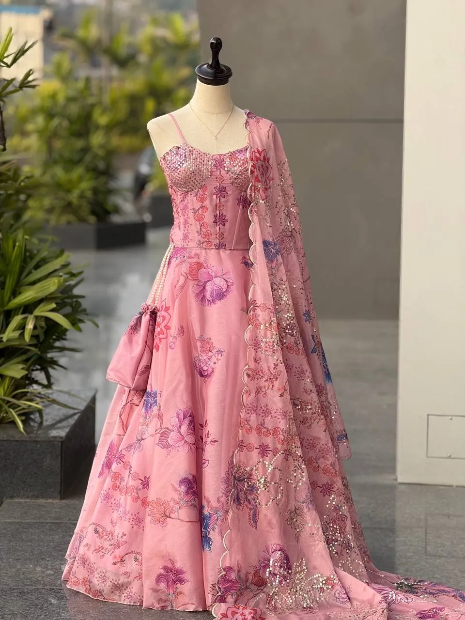 Baby Pink Printed Corset Lehenga Choli