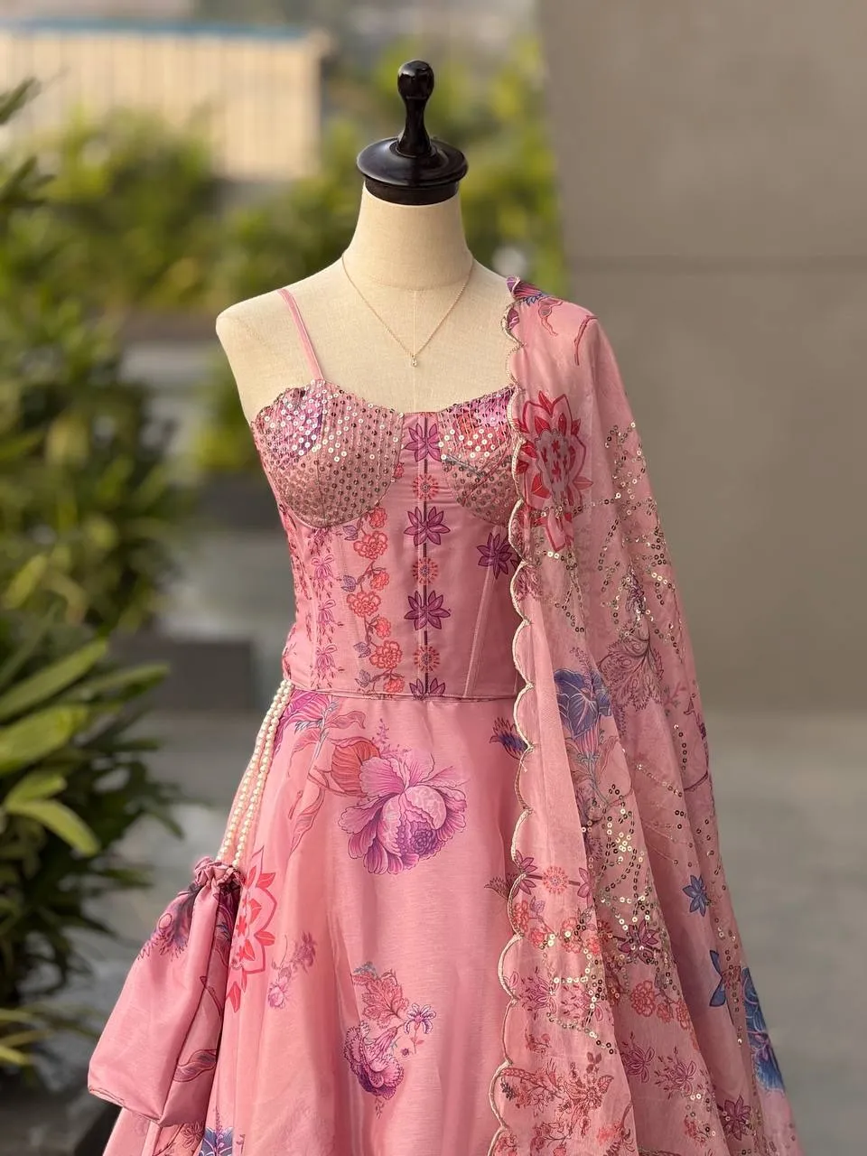 Baby Pink Printed Corset Lehenga Choli
