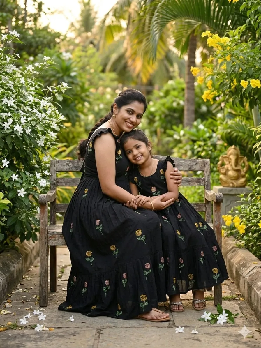 Black Flower Mother Daughter Gown Combo Matching Black Embroidered Dress Set