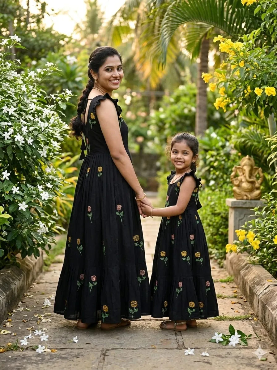 Black Flower Mother Daughter Gown Combo Matching Black Embroidered Dress Set