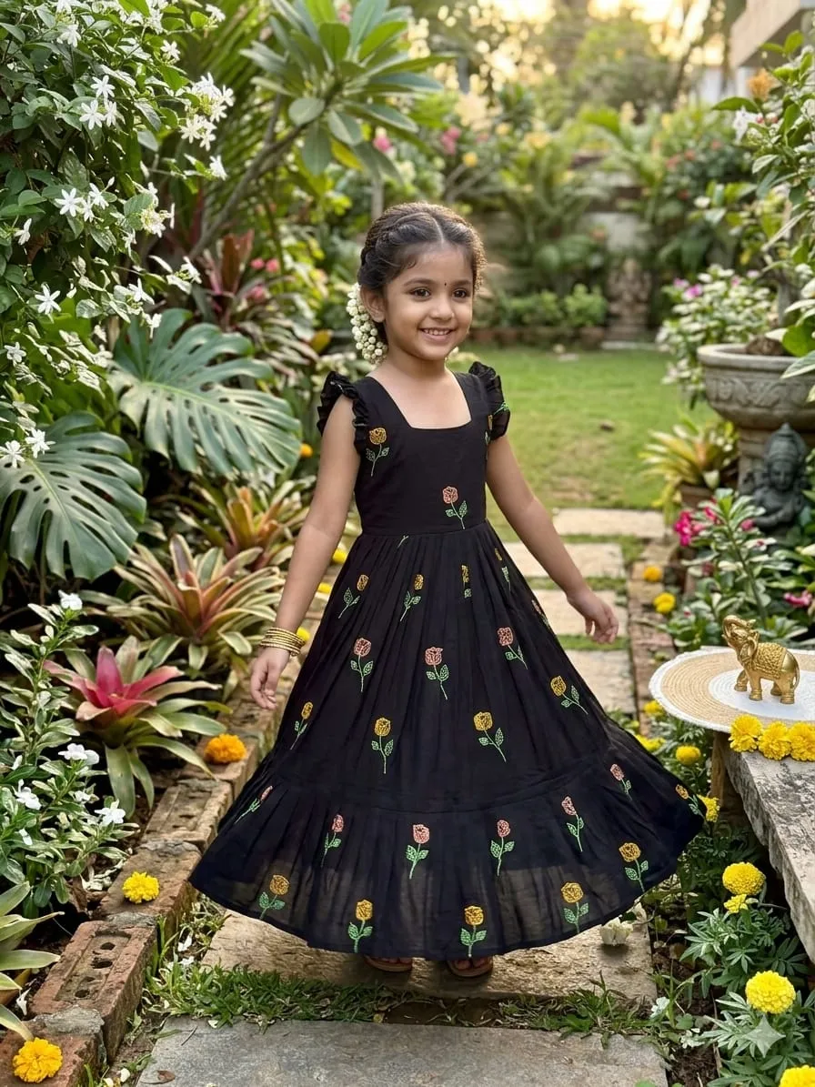 Black Flower Mother Daughter Gown Combo Matching Black Embroidered Dress Set
