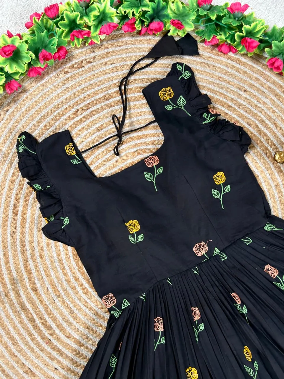 Black Flower Mother Daughter Gown Combo Matching Black Embroidered Dress Set