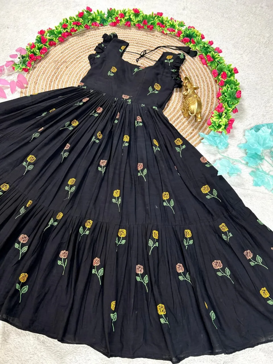 Black Flower Mother Daughter Gown Combo Matching Black Embroidered Dress Set