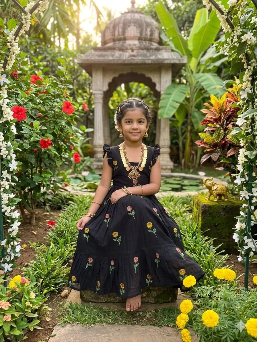 Black Flower Mother Daughter Gown Combo Matching Black Embroidered Dress Set