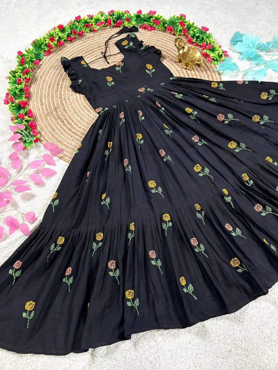 Black Flower Mother Daughter Gown Combo Matching Black Embroidered Dress Set