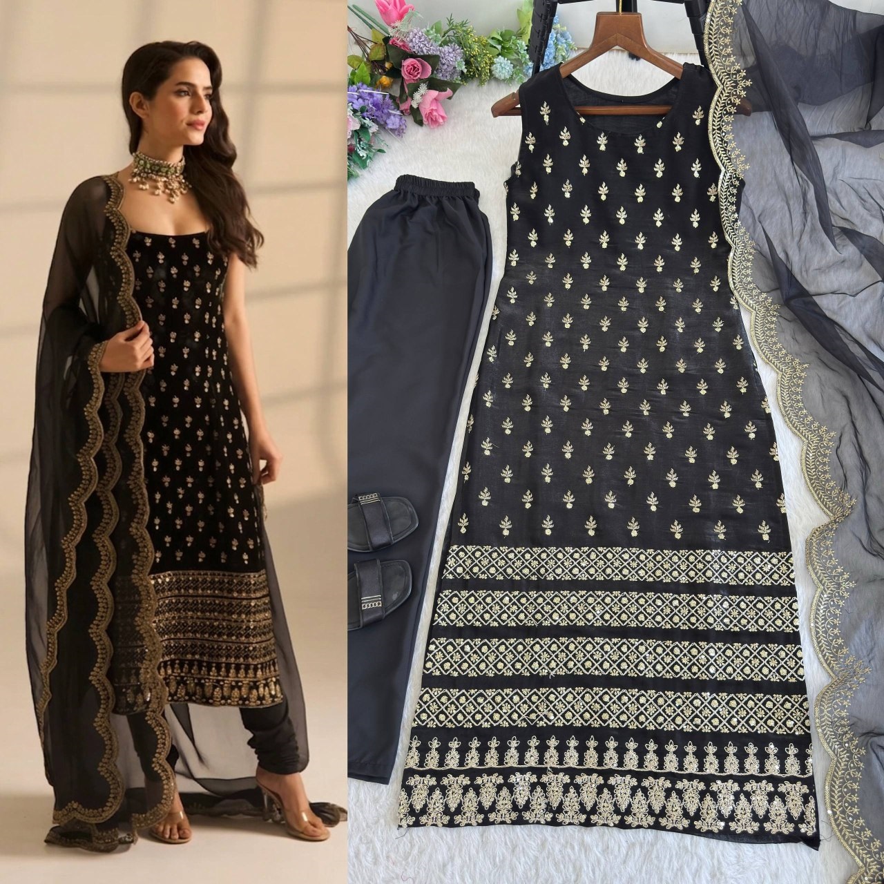 Black Sleeveless 3 Piece Kurti Set for Pooja Function
