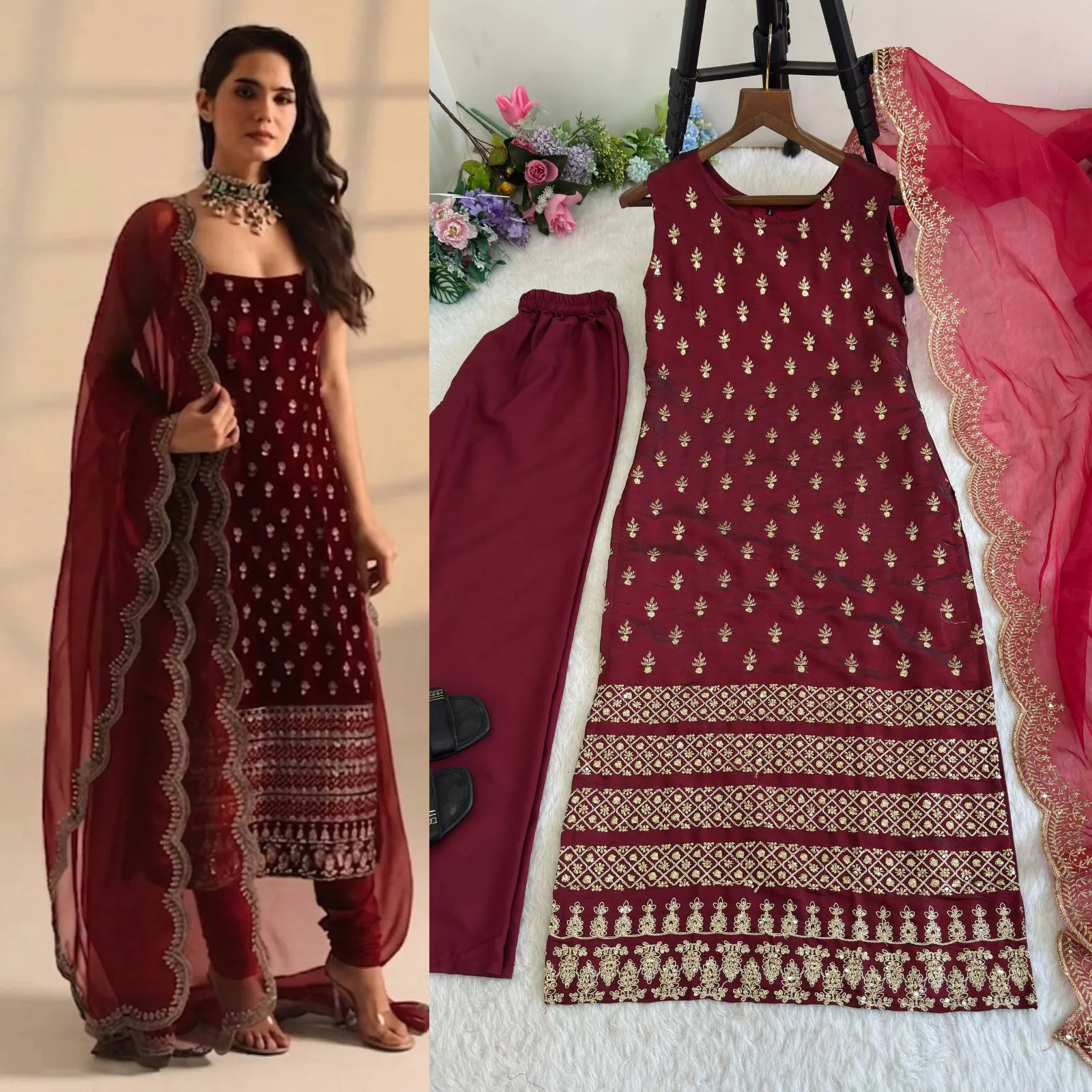 Red Sleeveless 3 Piece Kurti Set for Party
