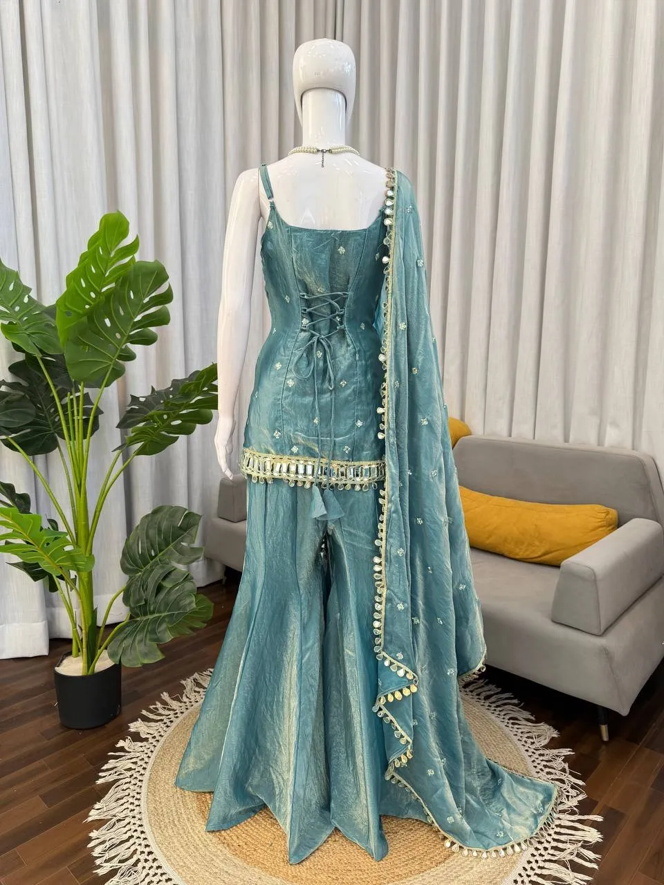 Blue Sleeveless Mirror Kurti Set