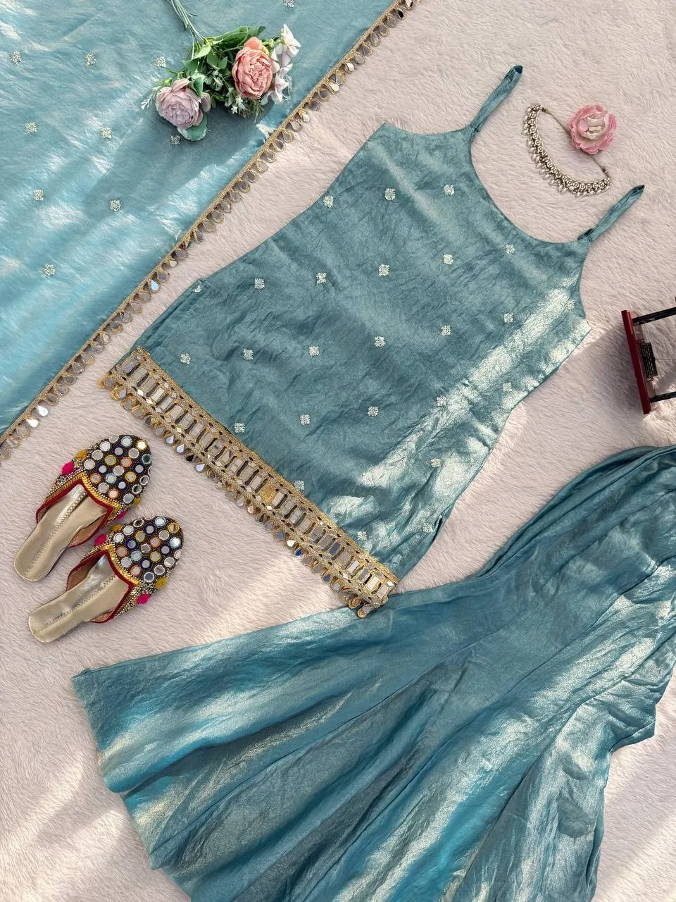 Blue Sleeveless Mirror Kurti Set