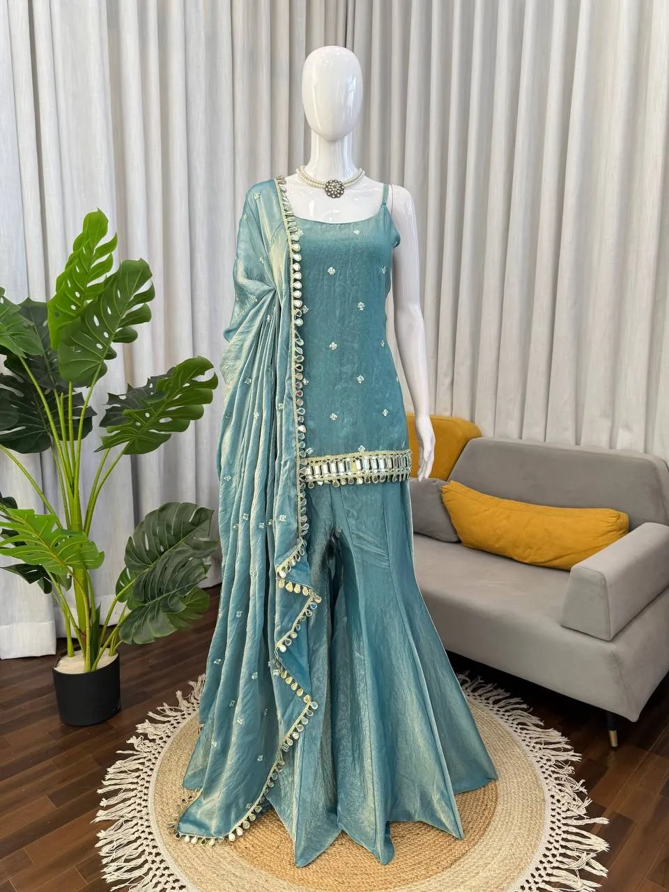 Blue Sleeveless Mirror Kurti Set