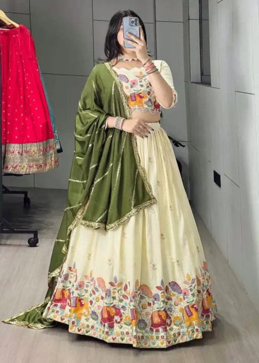 Creme Wedding Lehenga Choli with Animal Beads work