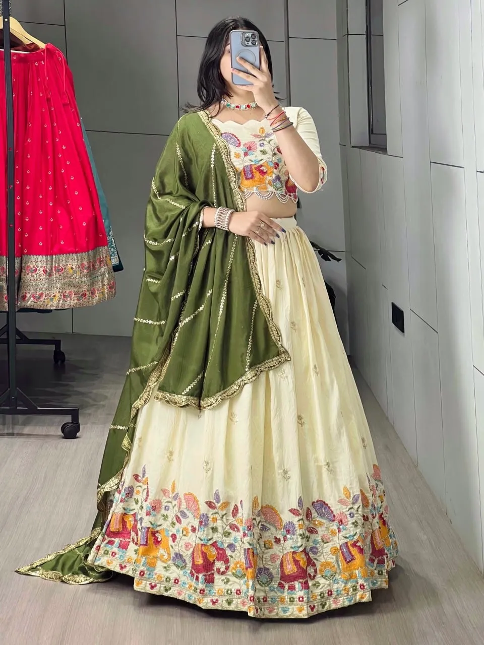 Creme Wedding Lehenga Choli with Animal Beads work