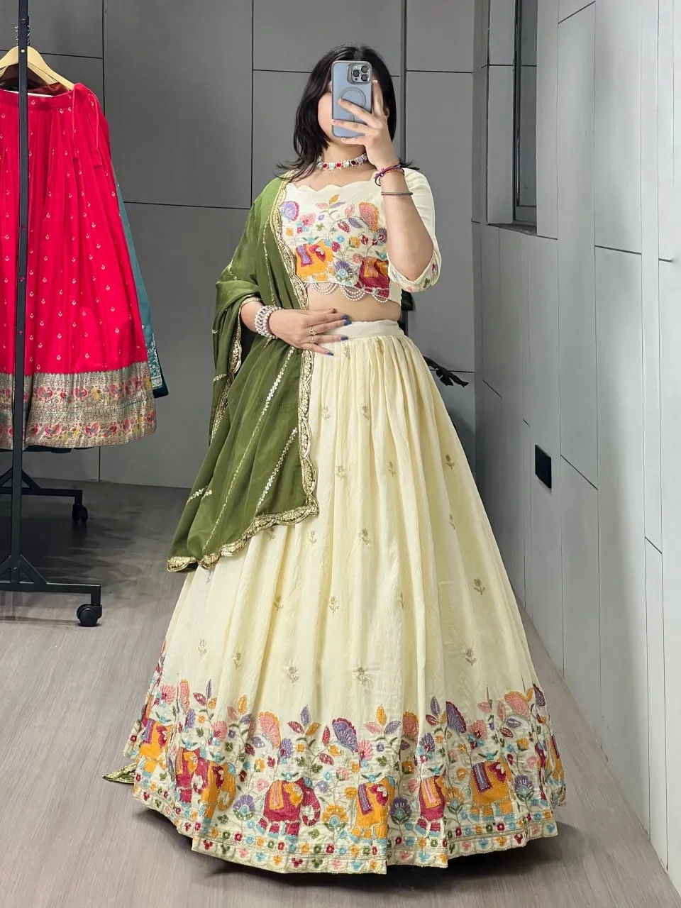 Creme Wedding Lehenga Choli with Animal Beads work
