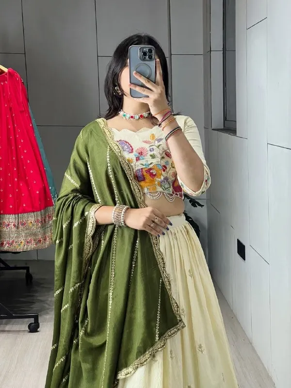 Creme Wedding Lehenga Choli with Animal Beads work