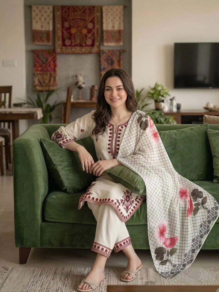 Hania Amir inspired white palazzo salwar suit satin rayon embroidery with printed dupatta elegant women ethnic wear India