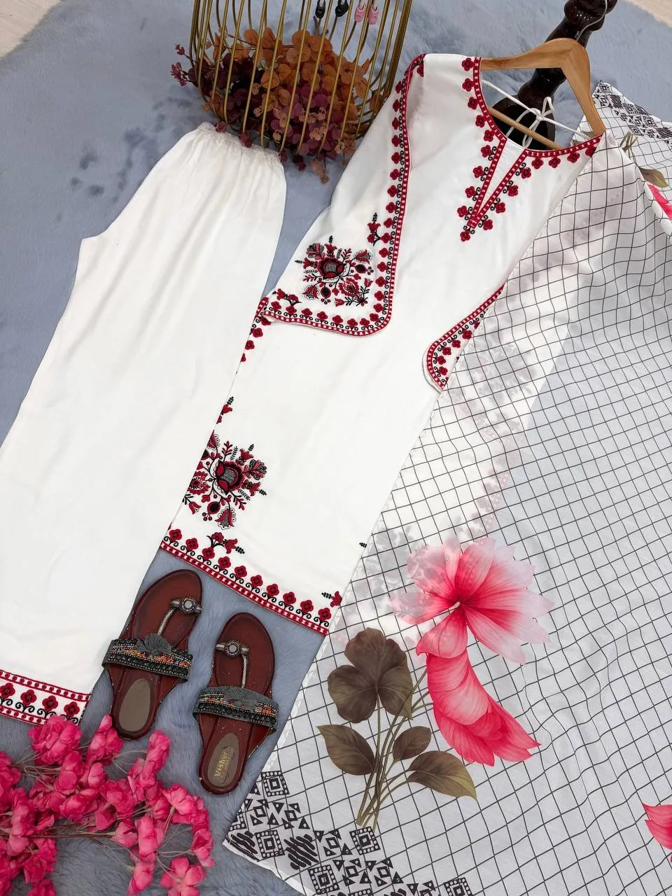 Hania Amir inspired white palazzo salwar suit satin rayon embroidery with printed dupatta elegant women ethnic wear India