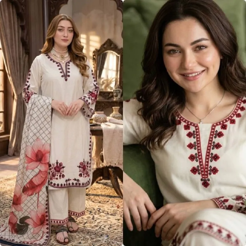 Hania Amir inspired white palazzo salwar suit satin rayon embroidery with printed dupatta elegant women ethnic wear India