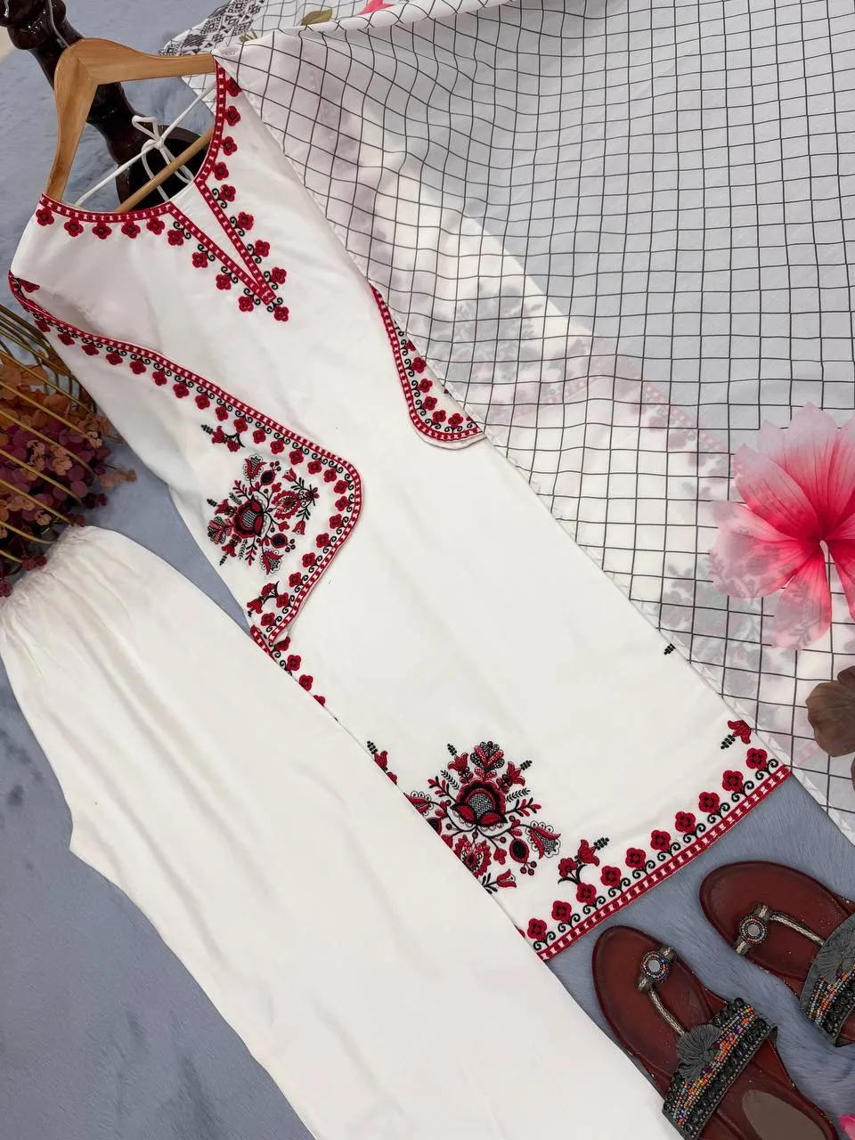 Hania Amir inspired white palazzo salwar suit satin rayon embroidery with printed dupatta elegant women ethnic wear India