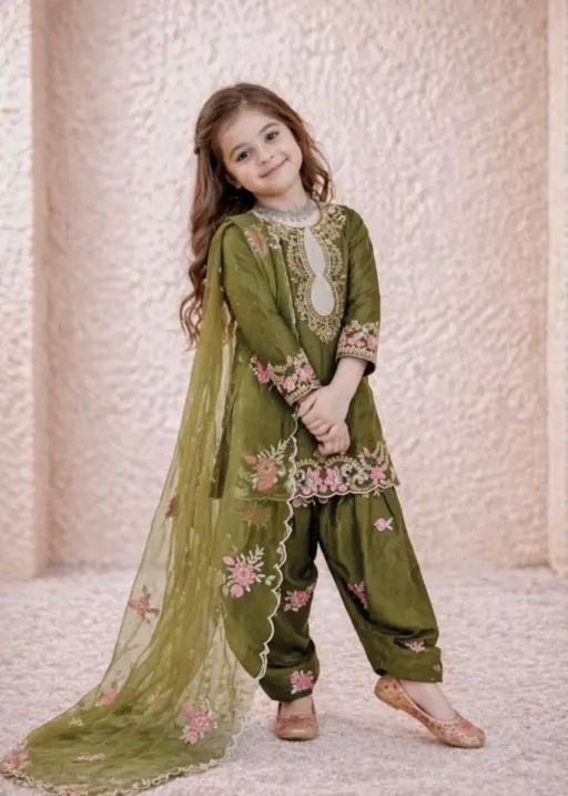 Mehendi Color Designer Kids Salwar Suit