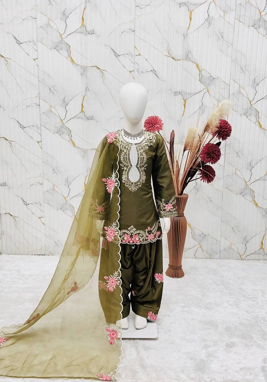 Mehendi Color Designer Kids Salwar Suit