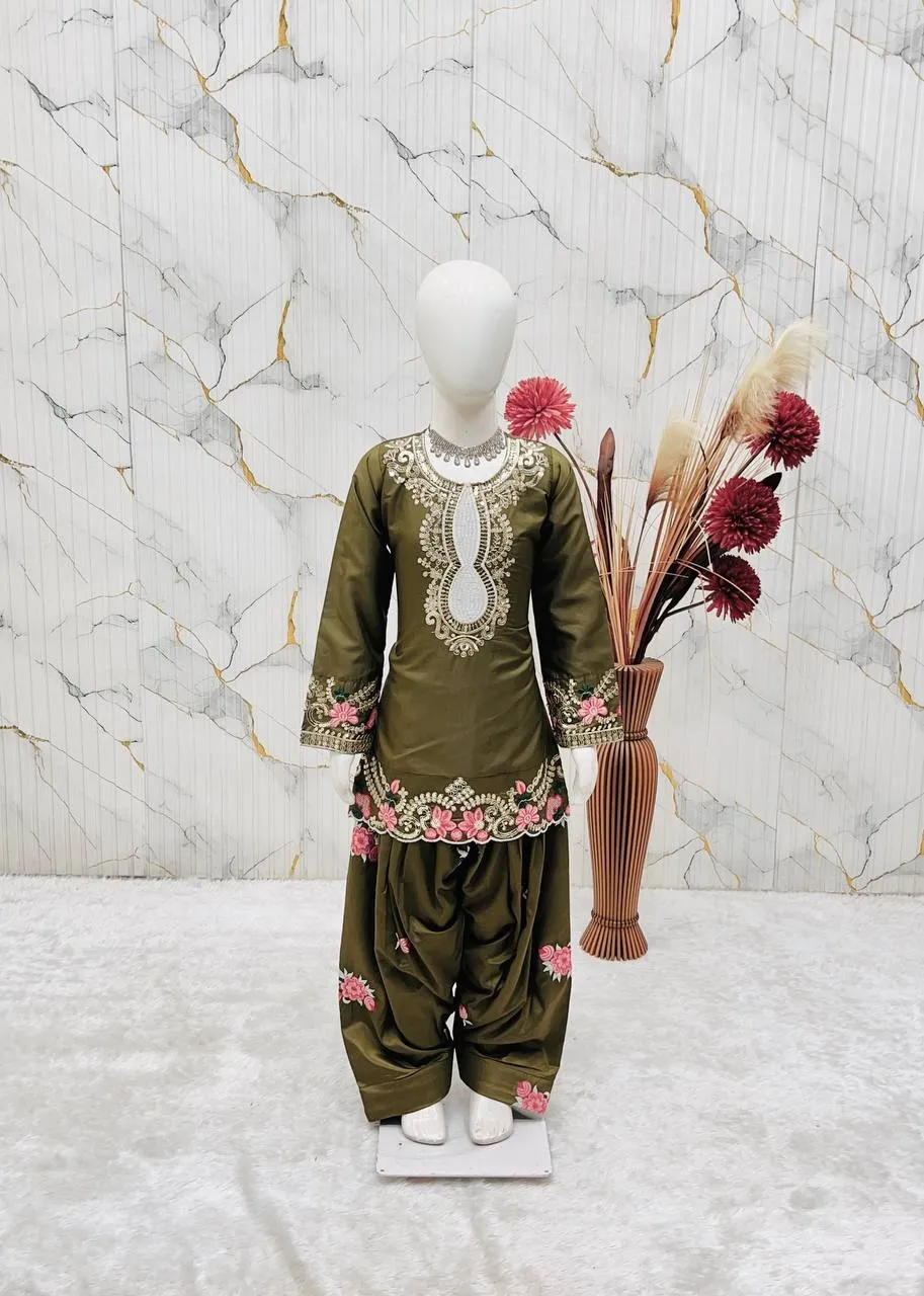Mehendi Color Designer Kids Salwar Suit