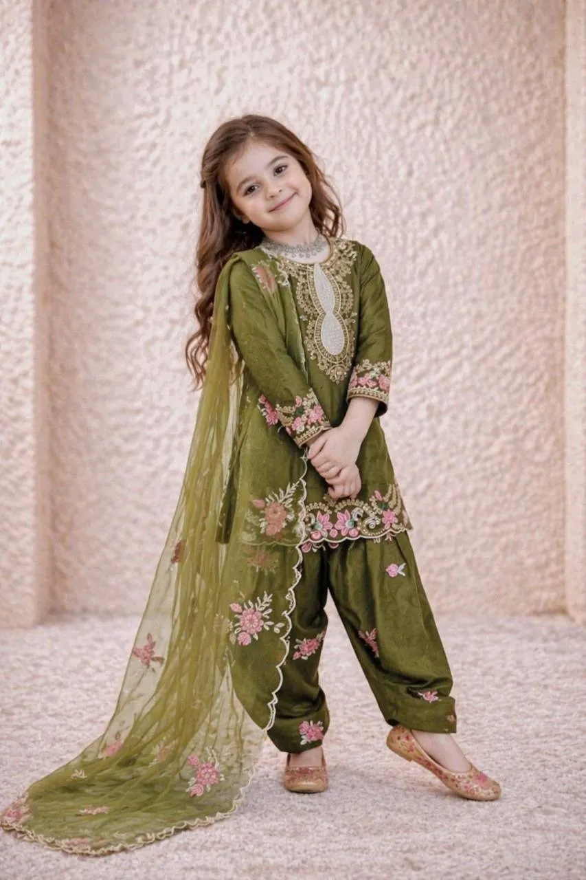 Mehendi Color Designer Kids Salwar Suit