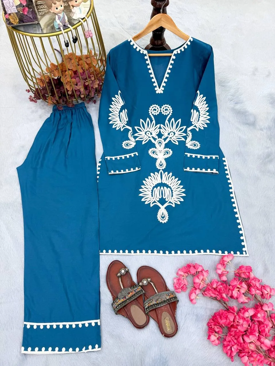 Nupur Sanon inspired blue co ord set rayon embroidery stylish women outfit casual office wear India