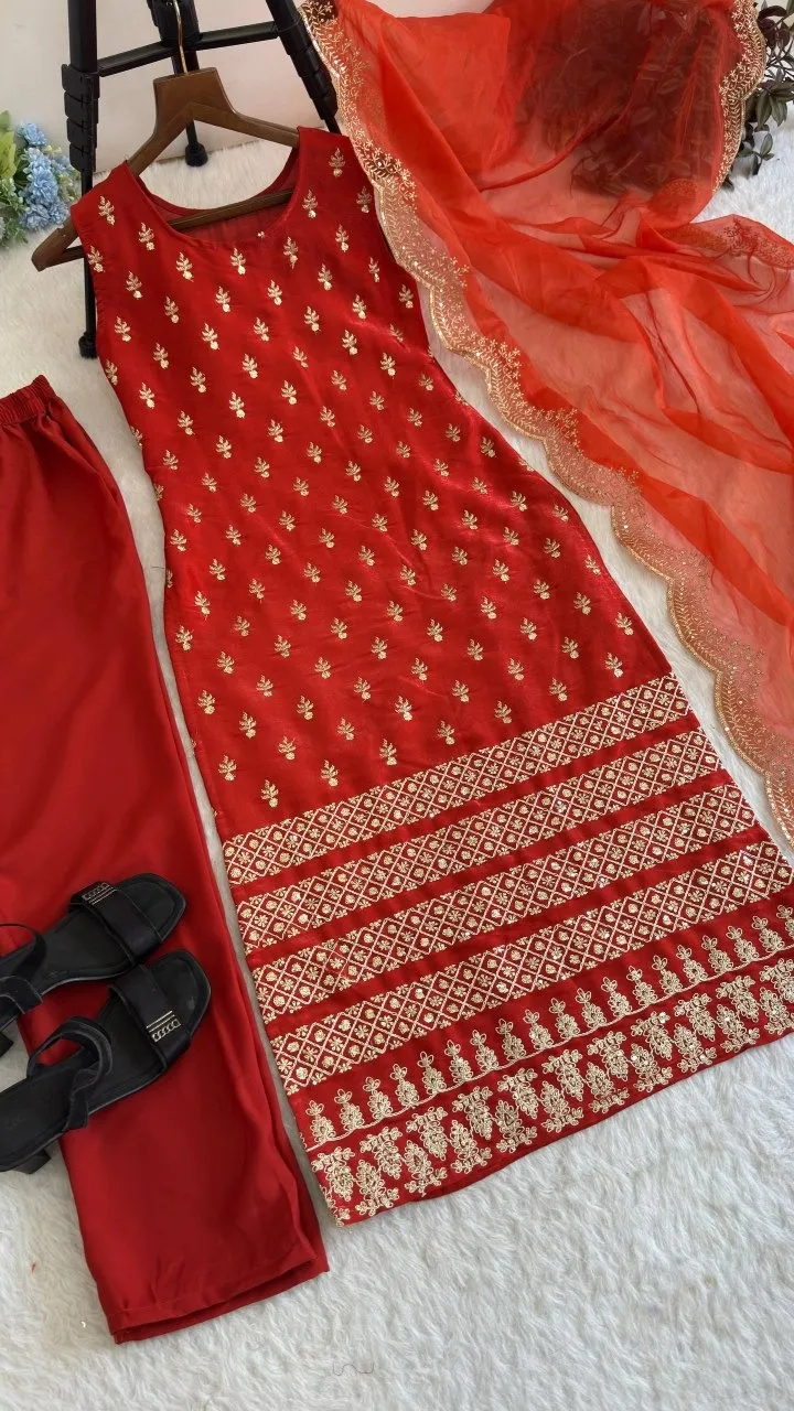 Orange 3 Piece Kurti Set for Pooja Function