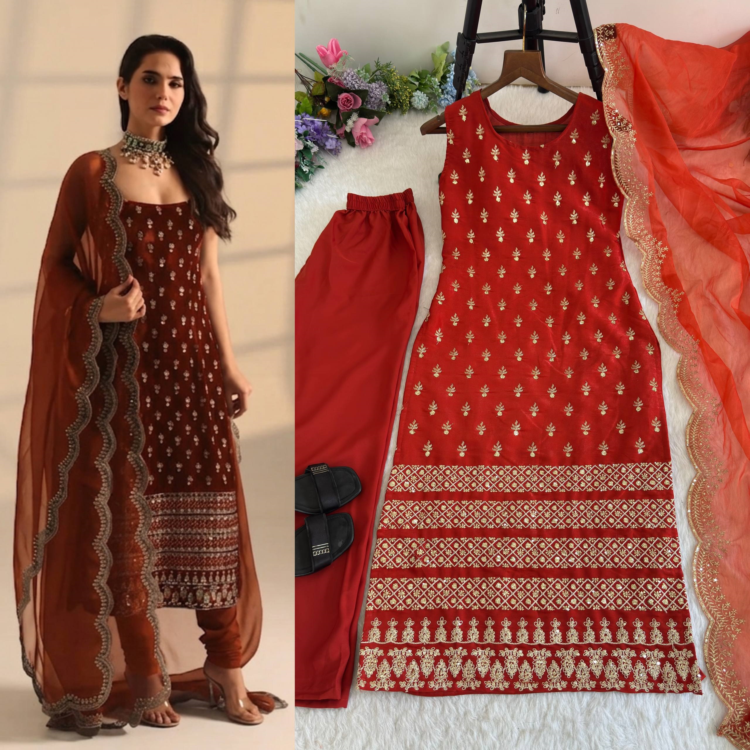 Orange 3 Piece Kurti Set for Pooja Function