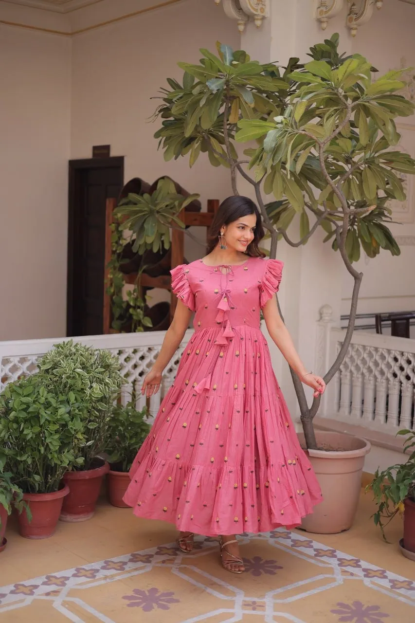 Pure Cotton Girls Pink Frock with Embroidery