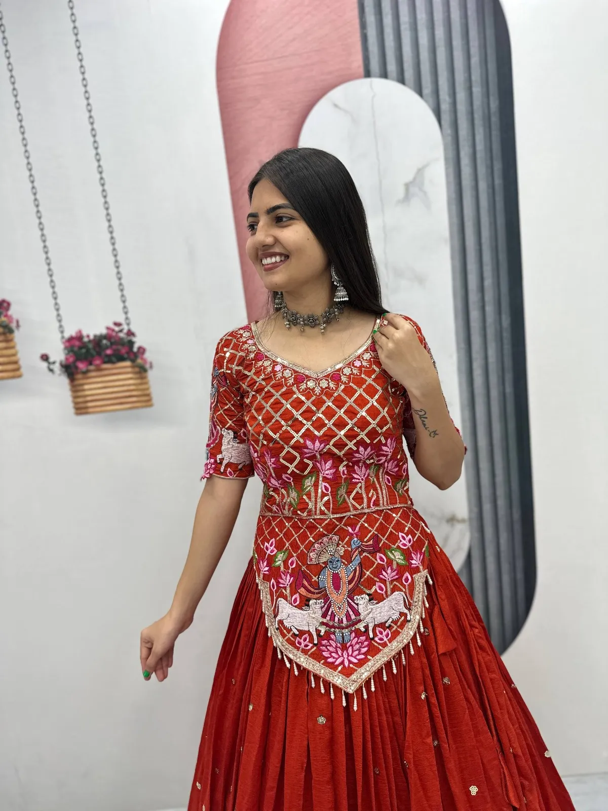 Rust Color Long Blouse with Lehenga for Wedding