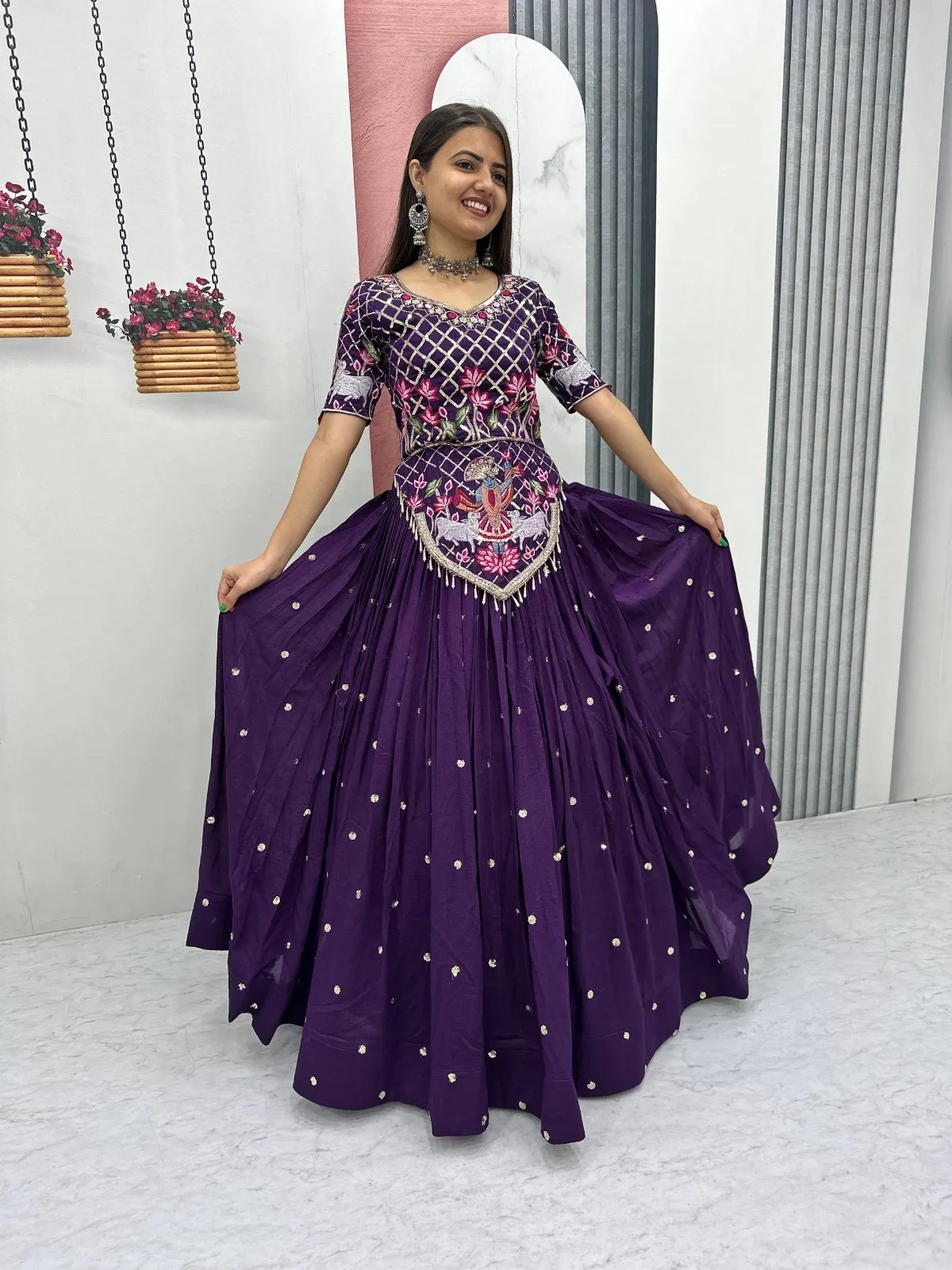 Purple Color Long Blouse with Lehenga for Wedding