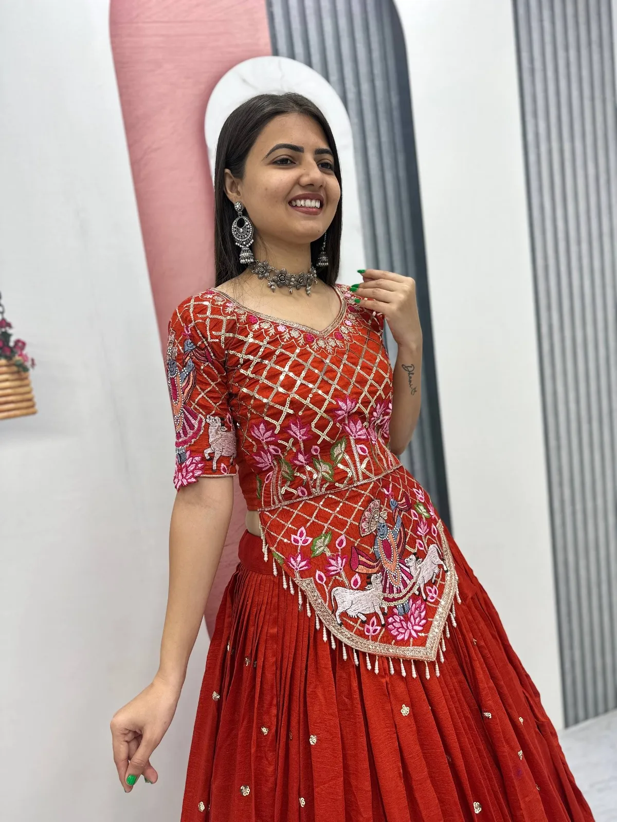 Rust Color Long Blouse with Lehenga for Wedding