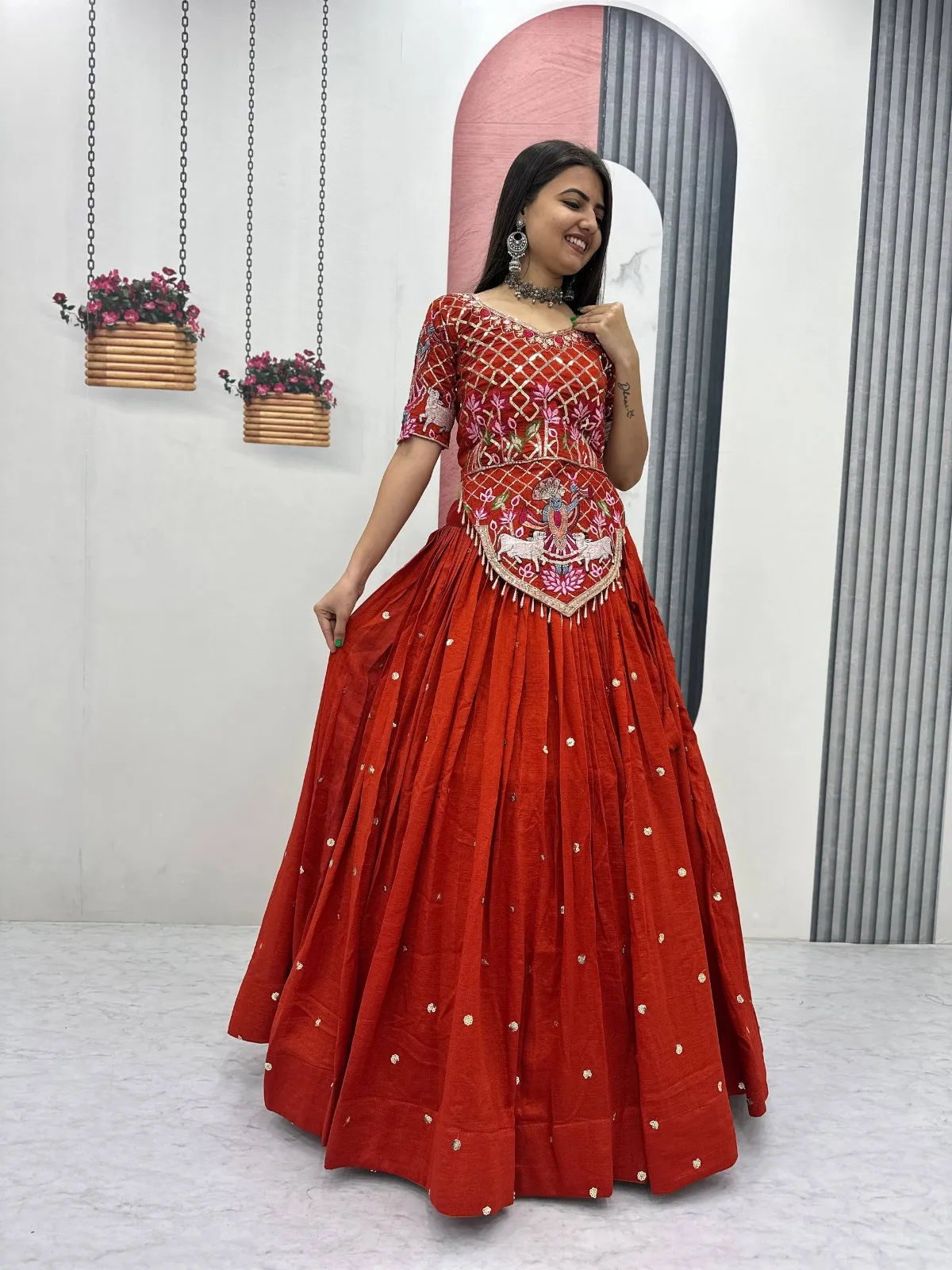 Rust Color Long Blouse with Lehenga for Wedding