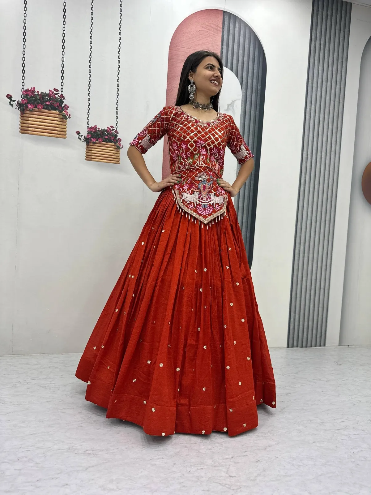 Rust Color Long Blouse with Lehenga for Wedding
