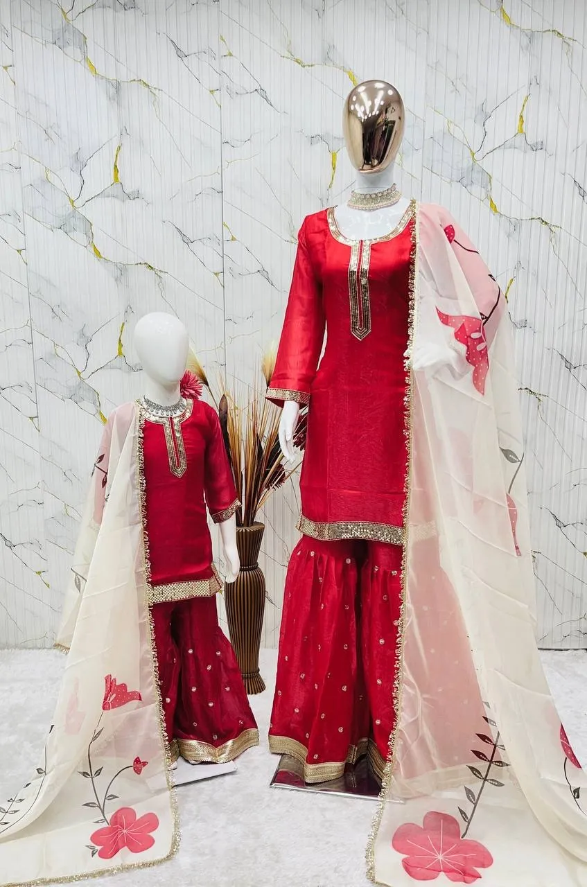 Red Mother Daughter Combo Sharara Salwar Suit