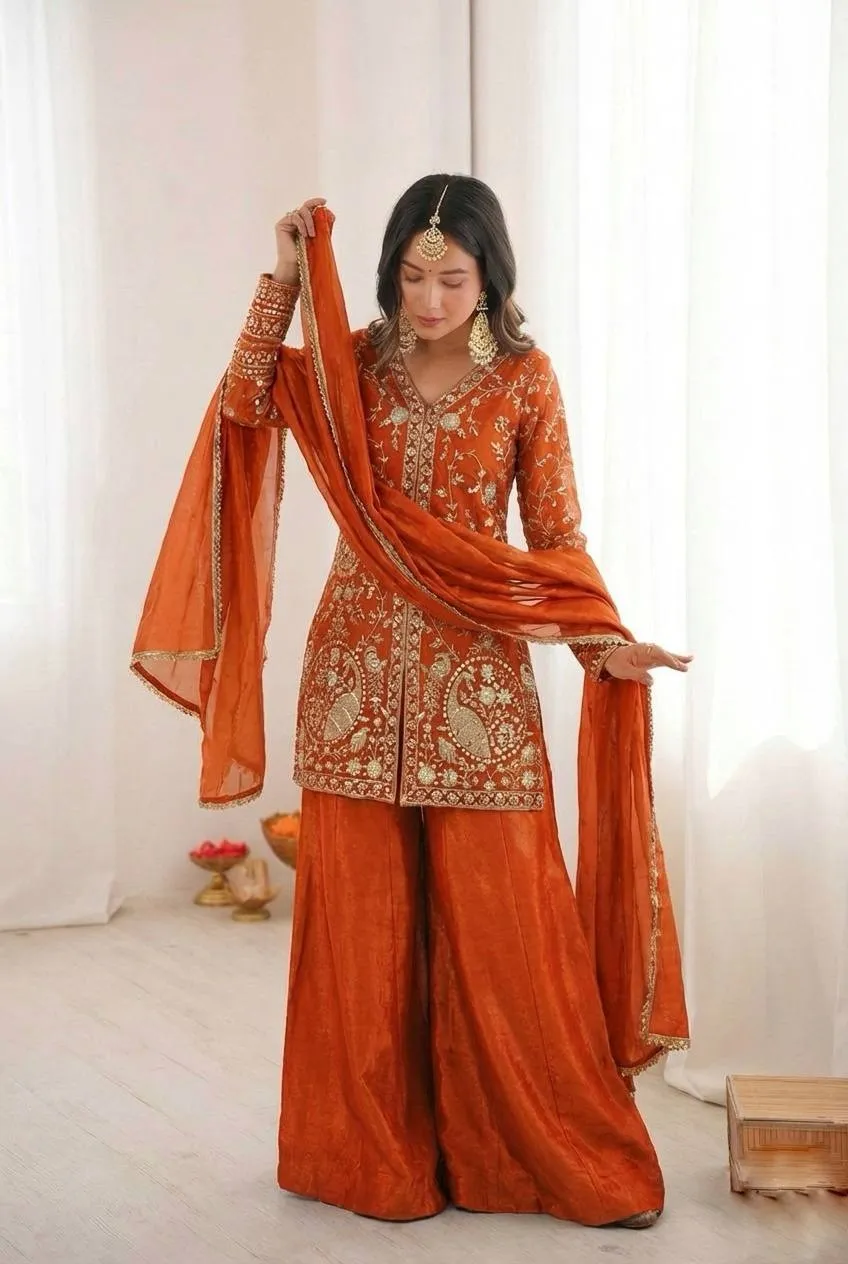 Rust Color Peacock Embroidery Plazzo Salwar Suit for Wedding