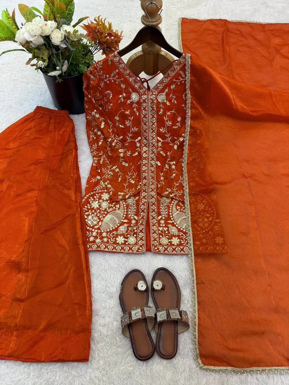 Rust Color Peacock Embroidery Plazzo Salwar Suit for Wedding