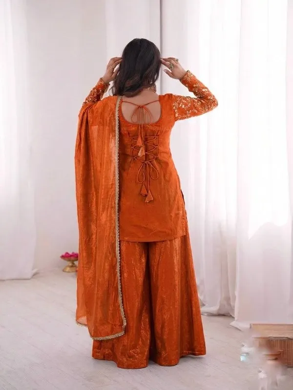 Rust Color Peacock Embroidery Plazzo Salwar Suit for Wedding