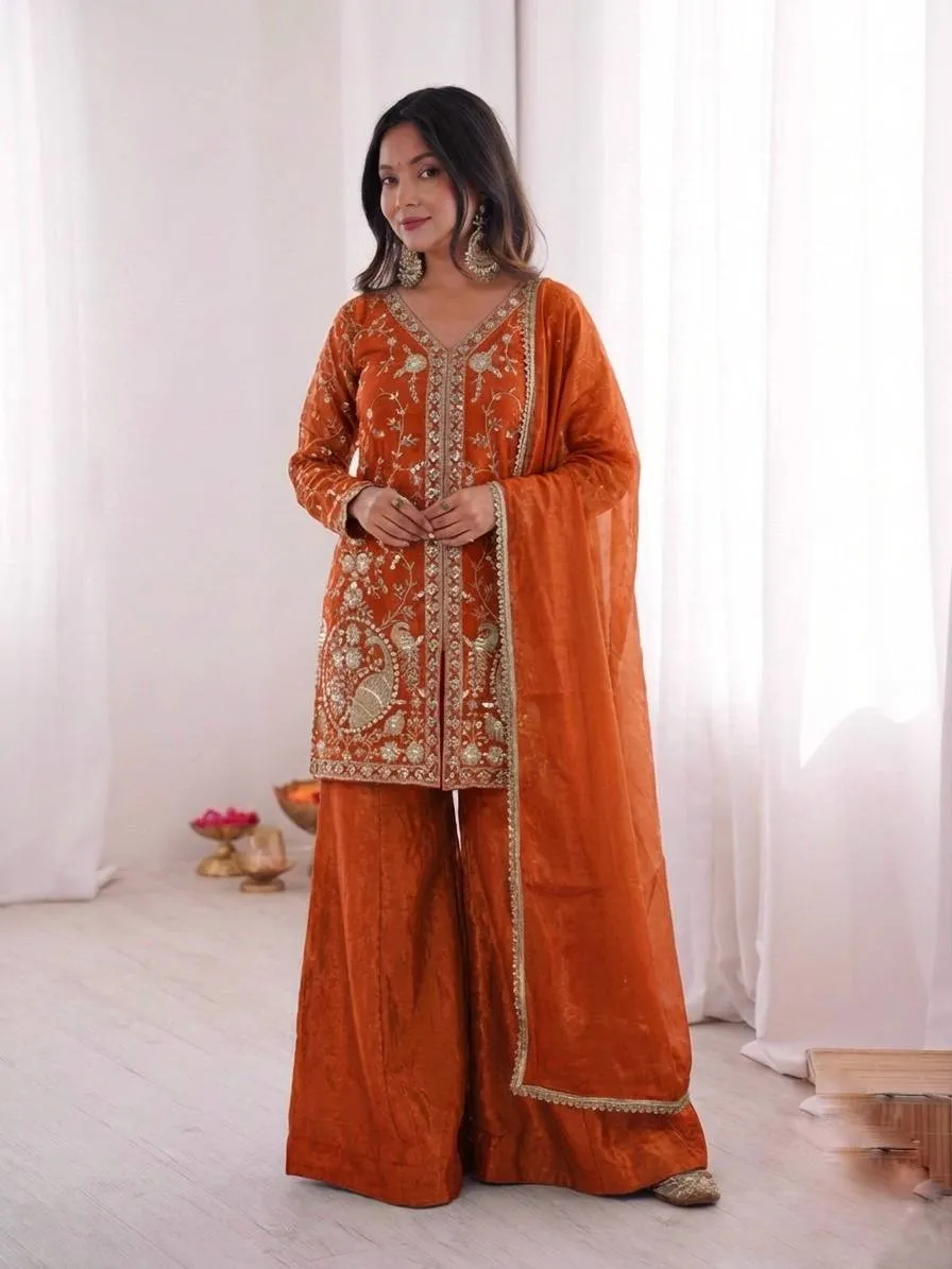 Rust Color Peacock Embroidery Plazzo Salwar Suit for Wedding