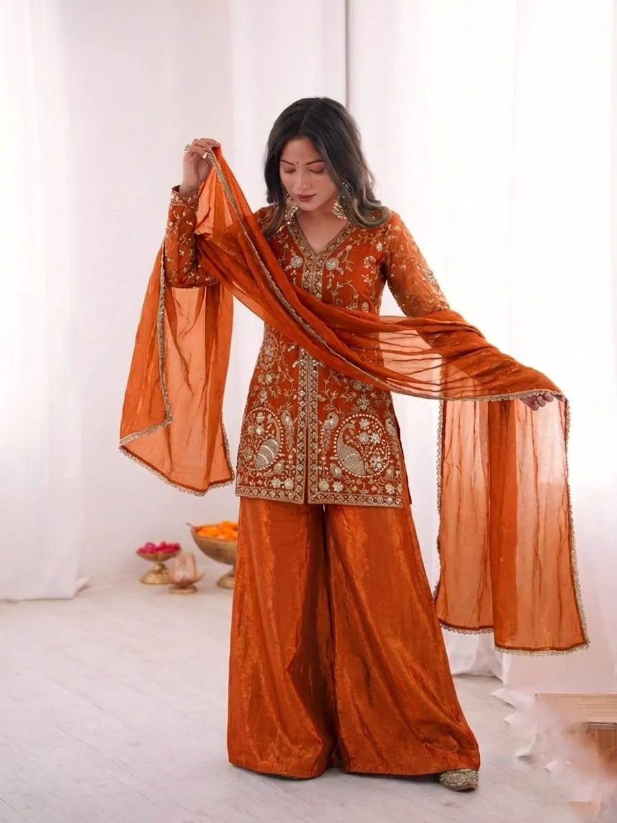 Rust Color Peacock Embroidery Plazzo Salwar Suit for Wedding